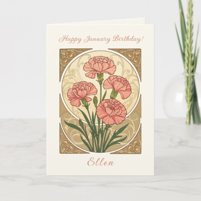 January Birthday Pink Carnation Flowers Art Nouvea Karte (Vorderseite)