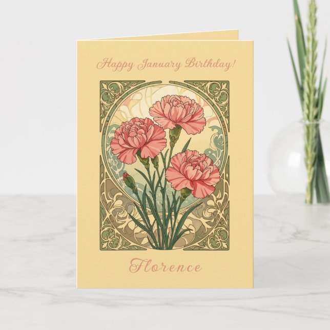 January Birthday Pink Carnations Art Nouveau Style Karte (Vorderseite)