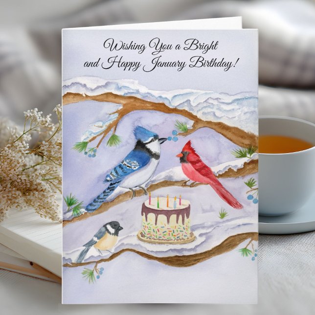 January Birthday with Backyard Birds and Cake Karte (Von Creator hochgeladen)