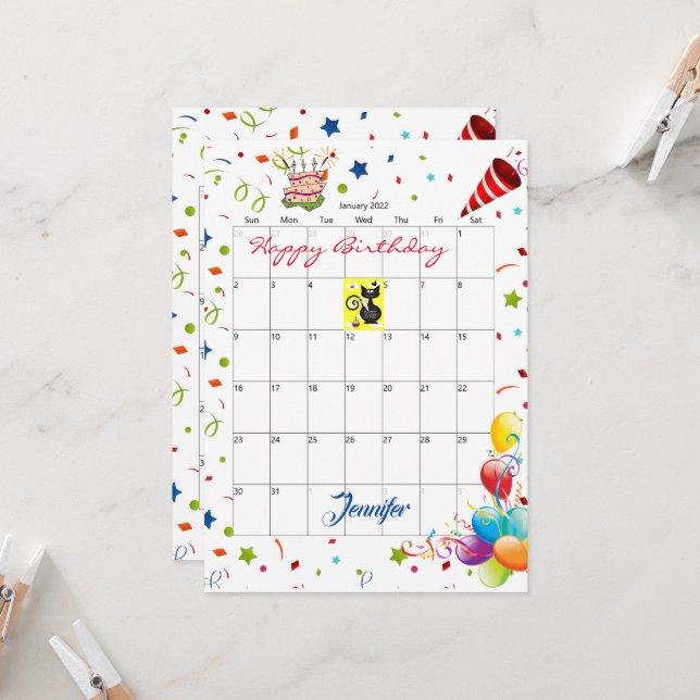 Janvier 2022 Calendrier Bonne Invitation Anniversa (Devant/Arrière en situation)