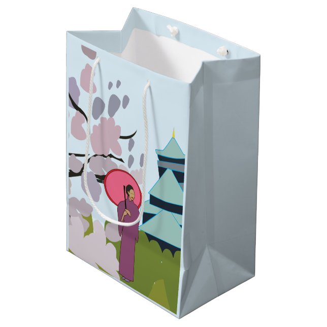 Japan Cherry Blossom Geisha Kimono Japan Mittlere Geschenktüte (Vorderseite Schrägansicht)
