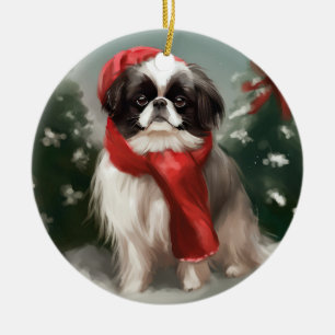 Japan-Chin-Hund im Schnee Weihnachten  Keramik Ornament