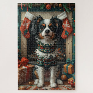 Japan-Chin-Hund mit Weihnachtsgeschenken am Kamin
