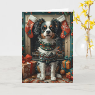 Japan-Chin-Hund mit Weihnachtsgeschenken am Kamin Karte