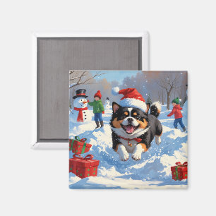 Japan-Chin läuft im Schnee mit Weihnachtsmütze Magnet