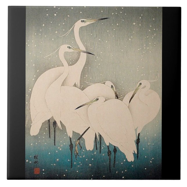Japan Egrets in der Schneewild-Vogelarten-Keramik Fliese (Vorderseite)