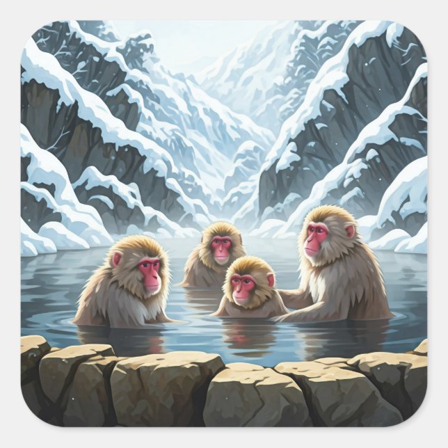 Japan Jigokudani Monkey Park Snow Affen Quadratischer Aufkleber (Vorderseite)