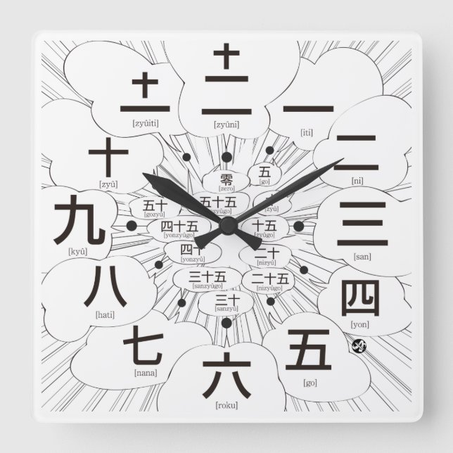 Japan Kanji MANGA-Stil [weiße Oberfläche] Quadratische Wanduhr (Vorderseite)