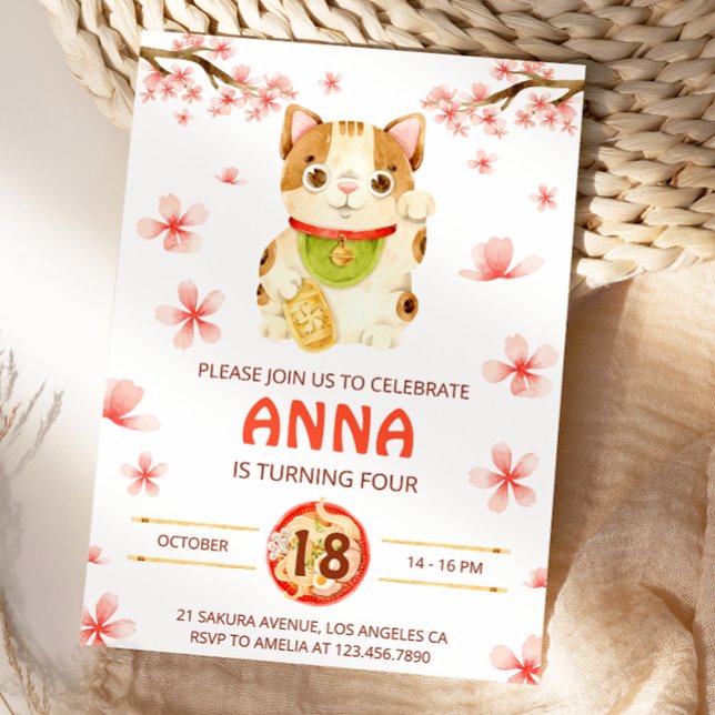 Japan Lucky Cat Cherry Blossom Einladung (Von Creator hochgeladen)