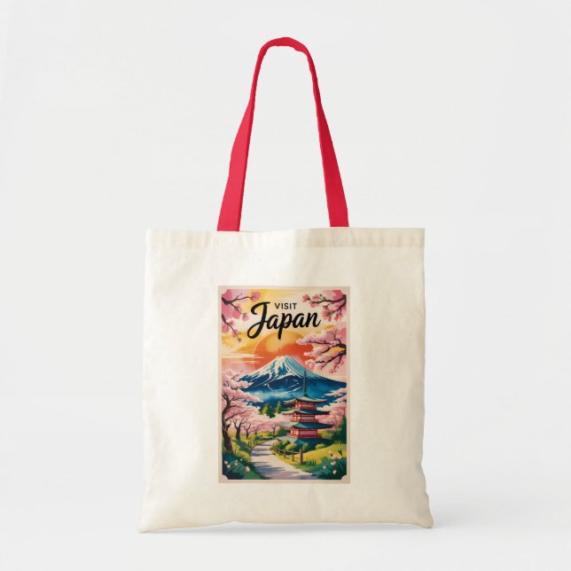 Japan Mount Fuji Illustration Travel Art Vintage Tragetasche (Vorne)