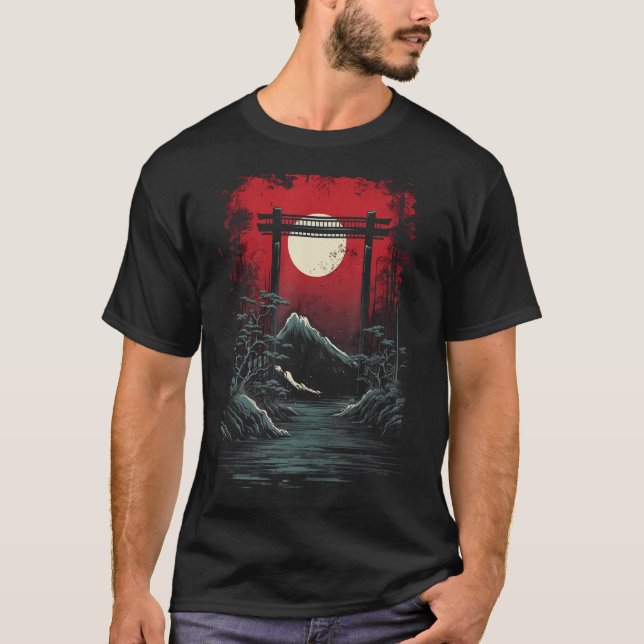 Japan Mountain Fuji Art Red Moon Landschaftlich Gr T-Shirt (Vorderseite)