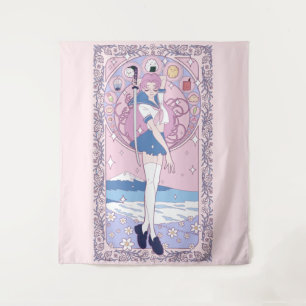 Japan Pink Anime Schoolgirl Art Nouveau Wandteppich