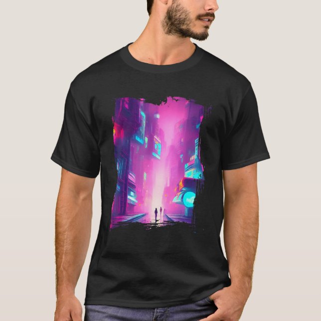 Japan Pink Blue Lights Vaporwave City T-Shirt (Vorderseite)