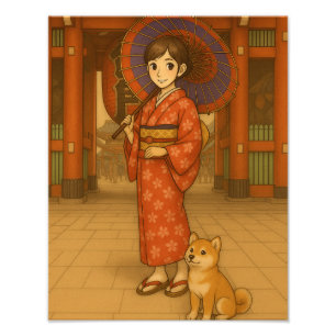 Japan Spaziergang - Kimono Girl and Shiba Hund Kun Fotodruck