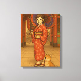 Japan Spaziergang - Kimono Girl and Shiba Hund Kun Leinwanddruck