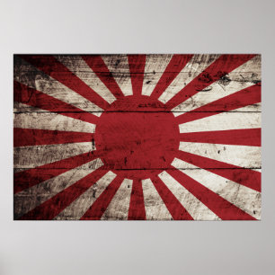 Japan steigt Sonnenflagge auf alten Holzkörnern an Poster