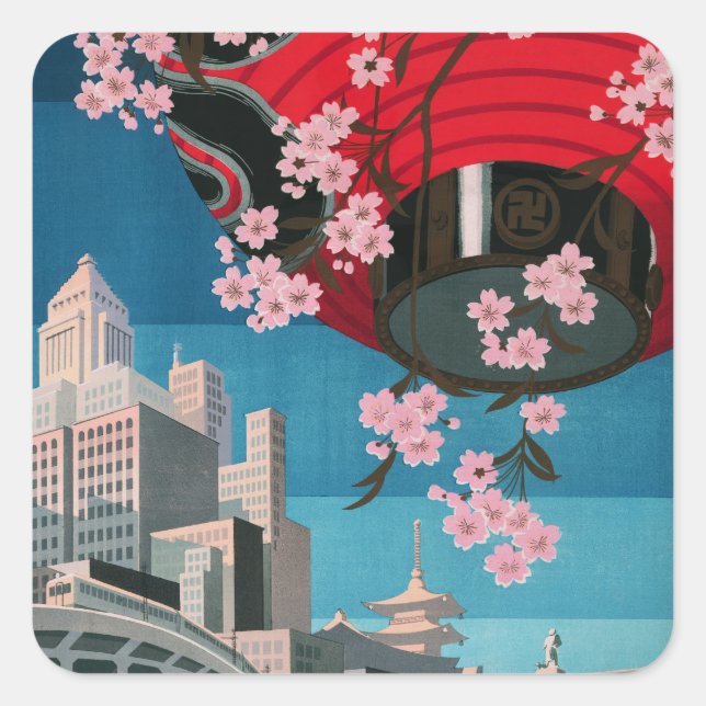 Japan Tokio Vintages japanisches Reiseplakat Quadratischer Aufkleber (Vorderseite)
