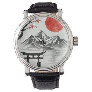 Japan-Uhr mit roter Sonne und Berglandschaft Armbanduhr