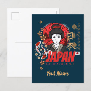 Japan Vintage Geisha mit Flagge Koi und Lotus Souv Feiertagspostkarte