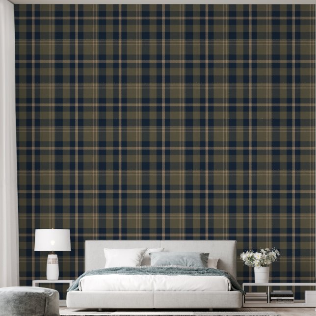 Japandi Farmhouse Plaid in Navy and Olive Tapete (Schlafzimmer)