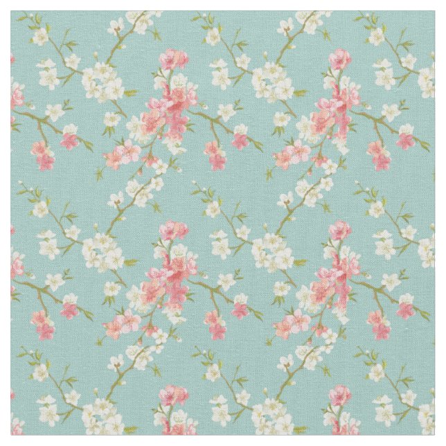 Japaner, Kirschblüte, aquamarin, weiß, rosa, mit Stoff (Nahaufnahme)