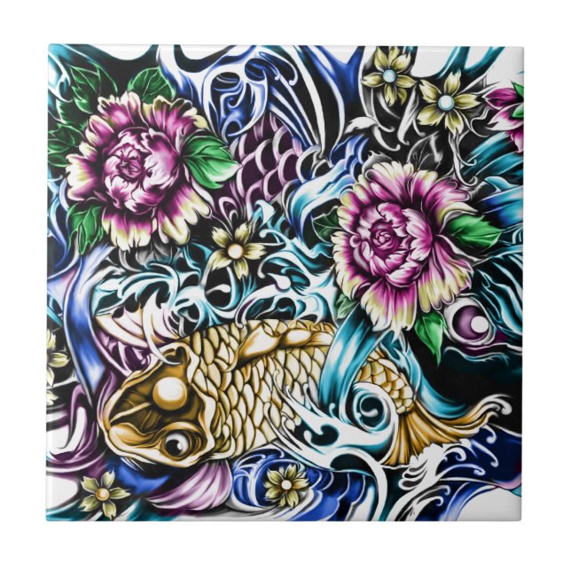 Japaner Koi Tätowierungs-Entwurfs-Produkte Fliese (Vorderseite)