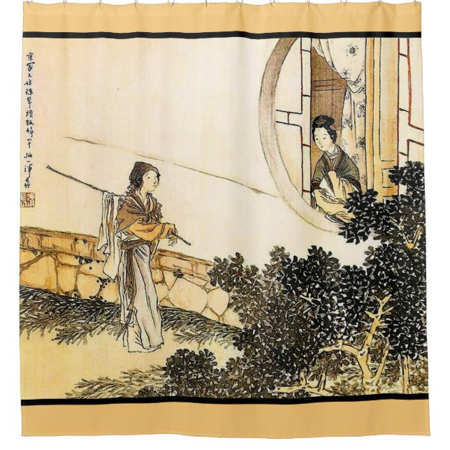 Japanerin an einem Fenster Vintage Sepiekunst Duschvorhang (Vorderseite)