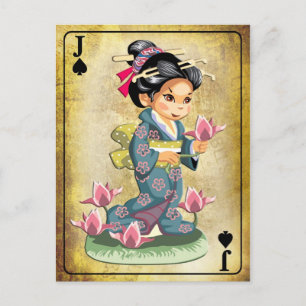 Japanerin in Kimono, die Lotus-Blume pflückt Postkarte