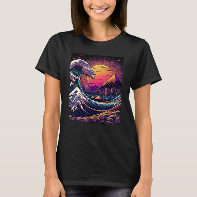 Japanese Art Ukiyo-e Style Retrowave Great Wave Of T-Shirt (Vorderseite)