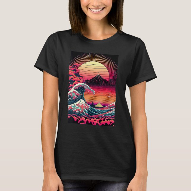 Japanese Art Ukiyo-e Style Retrowave Great Wave Of T-Shirt (Vorderseite)