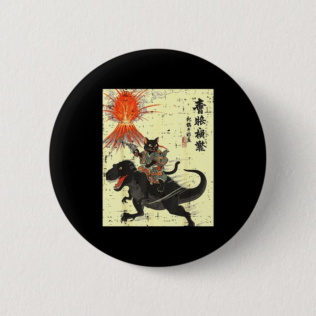 Japanese Black Cat On Trex Funny Ukiyo-e Boys Kids Button (Vorderseite)