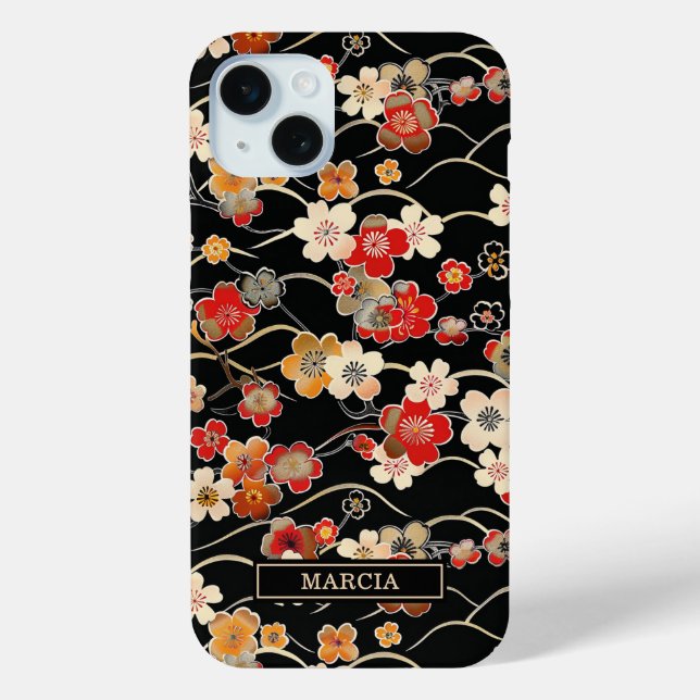 Japanese Black Floral Pattern Monogrammed Case-Mate iPhone Hülle (Rückseite)