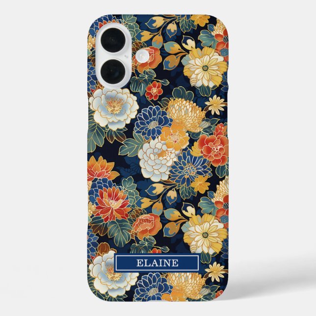 Japanese Blue Floral Pattern Monogrammed iPhone 16 Plus Hülle (Rückseite)