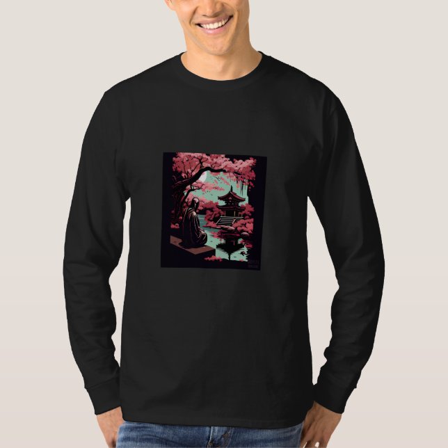 Japanese Cherry blossom garden with monk praying t T-Shirt (Vorderseite)