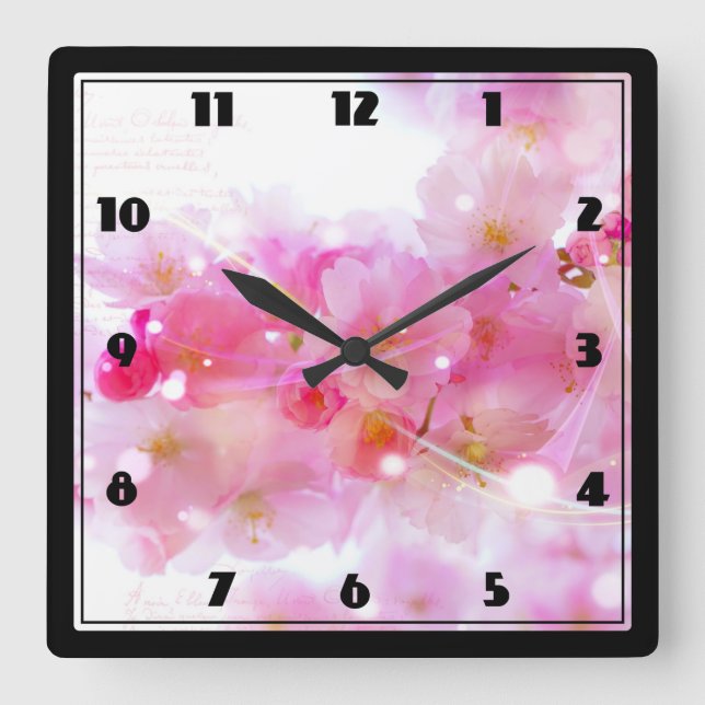 Japanese Cherry Tree with Pastel Pink Blossoms Quadratische Wanduhr (Vorderseite)