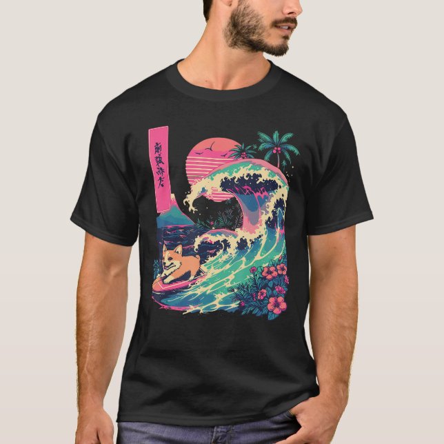 Japanese Corgi Surfing Great Wave Japan gift T-Shirt (Vorderseite)