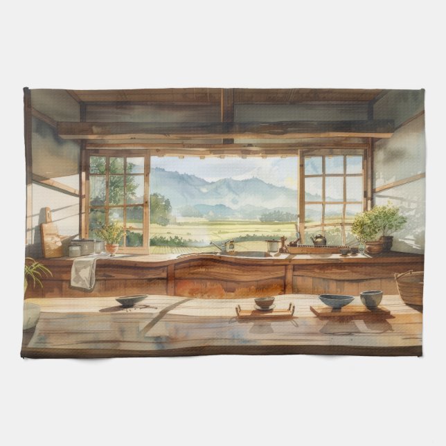Japanese Countryside Kitchen with Rice Field View  Geschirrtuch (Horizontal)