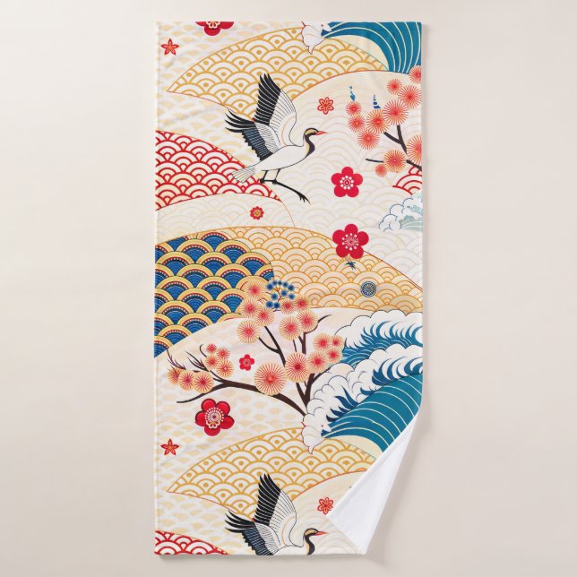 Japanese Crane and Cherry Blossom Waves (Serviette de bain)