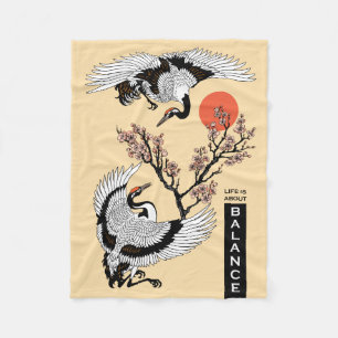 Japanese crane bird and blooming sakura fleecedecke