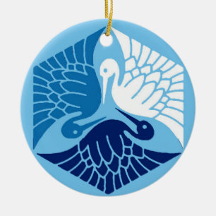 Japanese Cranes, Navy, White, and Light Blue Keramik Ornament