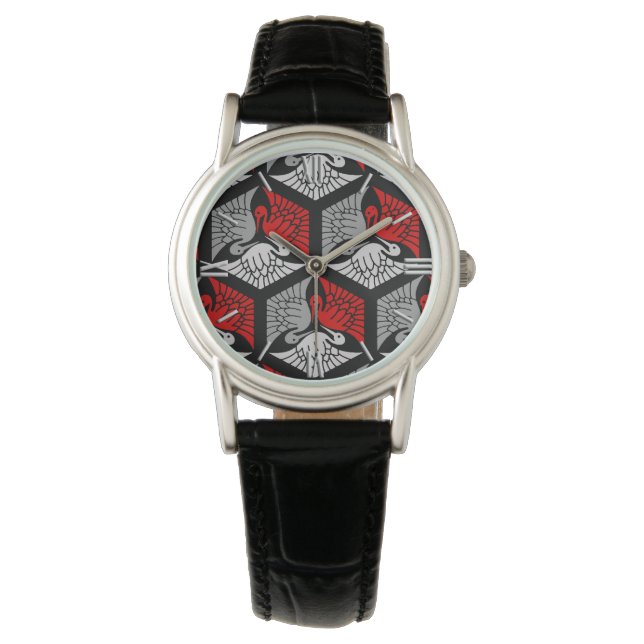 Japanese Cranes, Red, Gray / Grey and Black Armbanduhr (Vorderseite)