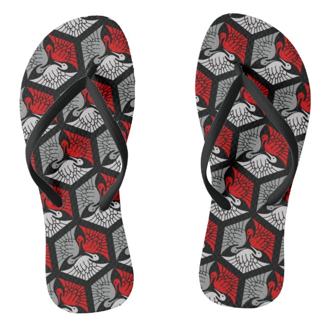Japanese Cranes, Red, Gray / Grey and Black Flip Flops (Fußbett)