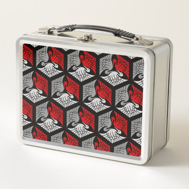 Japanese Cranes, Red, Gray / Grey and Black Metall Lunch Box (Vorderseite)