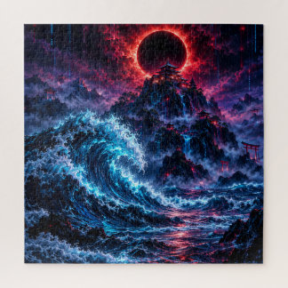 Japanese Cyberpunk Mountain Wave Eclipse Poster