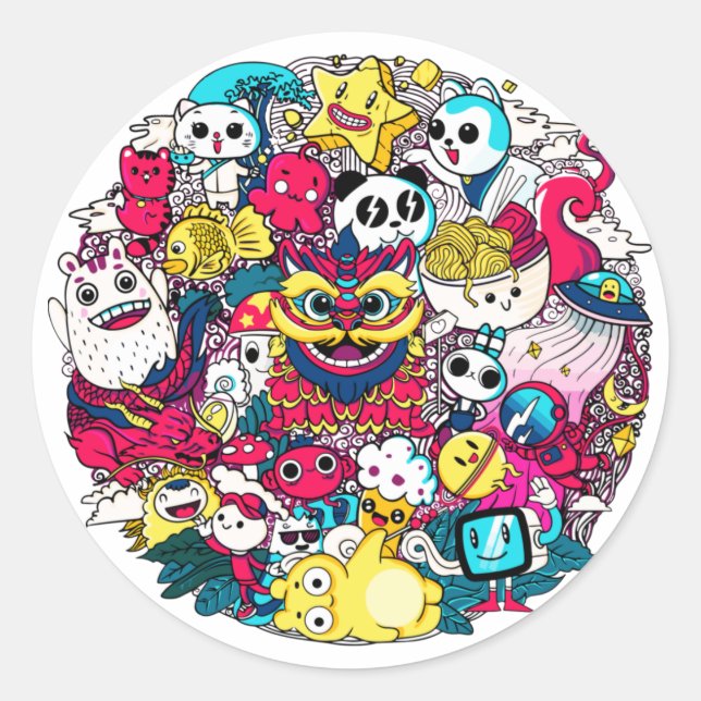 Japanese Doodle Runder Aufkleber (Vorderseite)