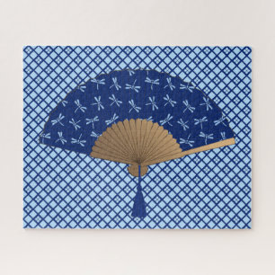 Japanese Fan, Dragonfly Pattern, Cobalt Blue