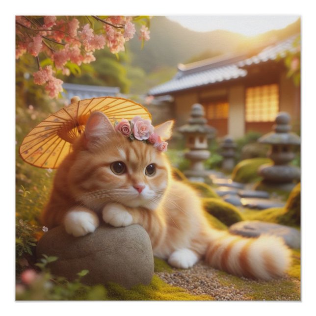 Japanese flowers and orange tabby cat poster (Vorderseite)