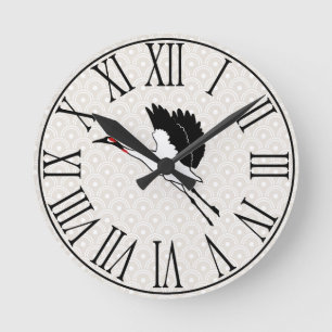 Japanese Flying Crane & Taupe Scallops Runde Wanduhr