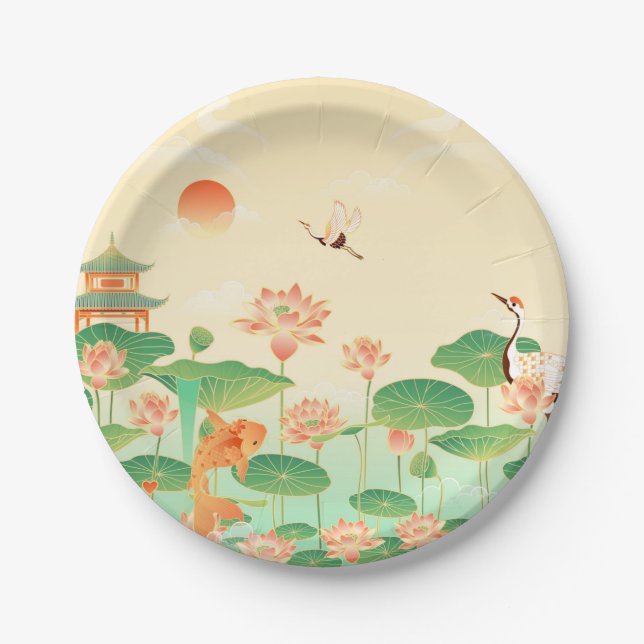 Japanese Garden Koi Pond and Waterlilies Art Pappteller (Vorderseite)