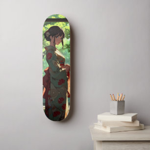 Japanese Girl in green Kimono Illustration Skateboard